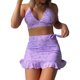 thumbnail image 1 of Conjunto de bikini para mujer 3 piezas Cuello halter Corte alto Cuello en V Estampado Volantes Dobladillo Cubrir Traje de baño Púrpura L, 1 of 5