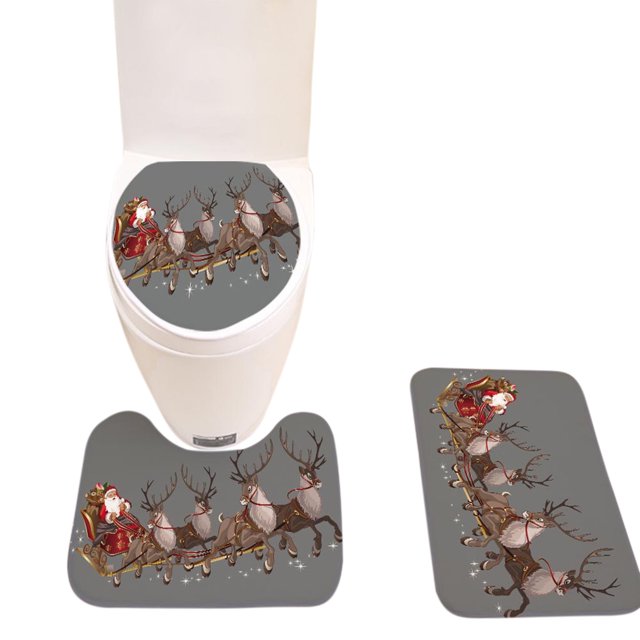 3PCS Bath Rug Set Fashion Xmas Print Decorative Toilet Rug Toilet Lid Cover for Christmas
