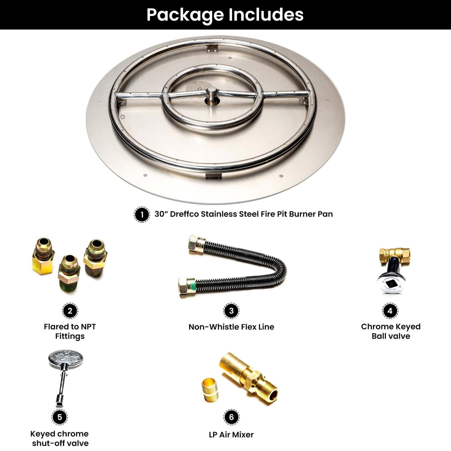 Dreffco Fire Pit Burner Pan & Ring - Works with Liquid Propane - Stainless Steel Fire Pit Burner Kit 30-Inch Pan, 24-Inch Ring - 150,000 BTU Max