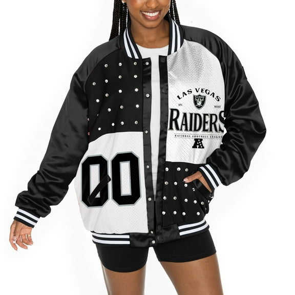 Women's Gameday Couture Black/White Las Vegas Raiders Oversized Hot Shot Rhinestone Throwback Full-Snap Varsity Bomber