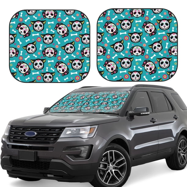 Fotbe Skull Cat Juego de 2 Piezas de Parasoles para Parabrisas | Bloqueador Solar para Auto | Accesorios Plegables para Protección Solar Interior-Large