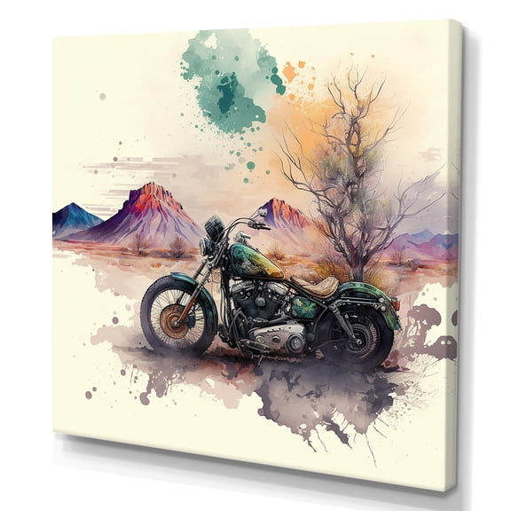 Designart Motorcycle Parked In The Desert II Canvas Wall Art