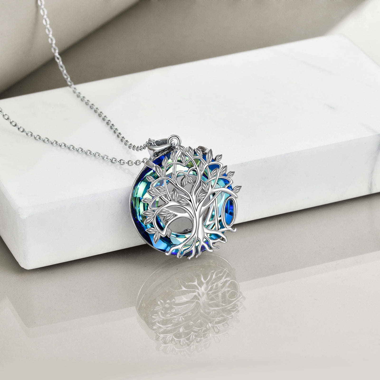 40th Birthday Gifts Necklace for Women Sterling Silver Tree of Life Necklace with Blue Artificial Crystal Mothers Day Christmas Jewelry Gifts for Mother Wife