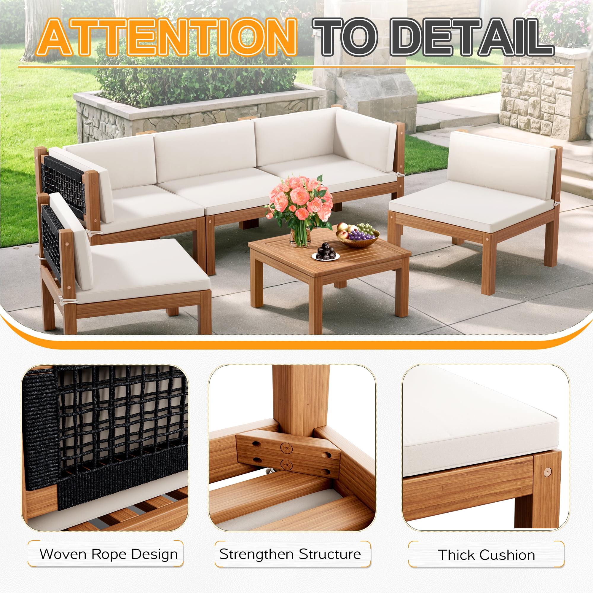 Homall 5-Seat Pieces Patio Conversation Set Acacia Wood Outdoor Furniture Set, White