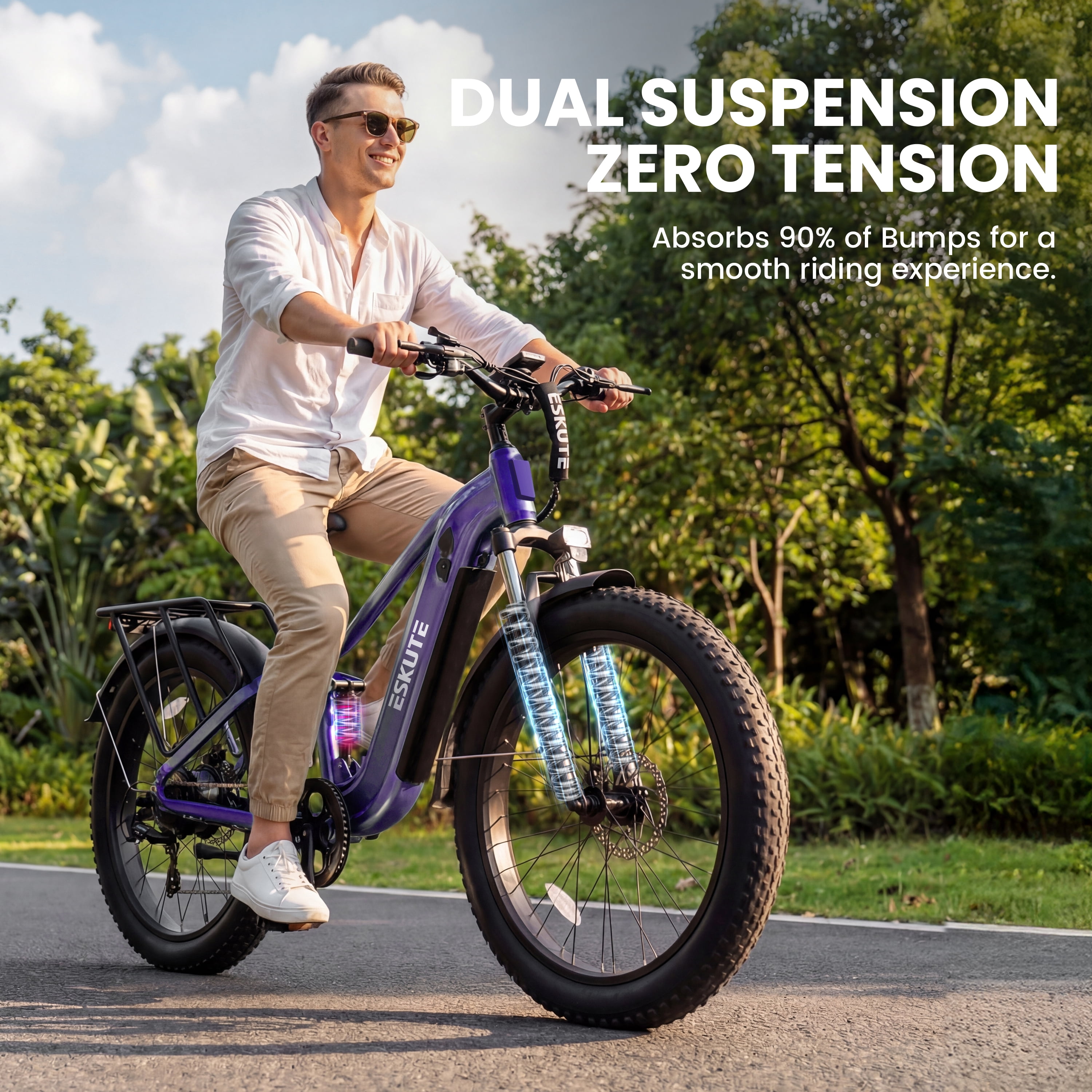 ESKUTE C300 Electric Bike for Adults, 1500W Peak Motor, 32MPH Fast Ebike, 48V 20.8Ah Battery Up to 80 Miles, 26"x4.0" Fat Tire, Full Suspension, 8-Speed Purple, With Bag & Lock & front Basket, UL2849