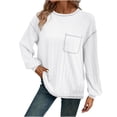 thumbnail image 2 of Women's Stripe Brushed Solid Color Round Neck Pocket Casual Loose T-shirt Long Sleeved Round Neck Top Cheap, 2 of 7