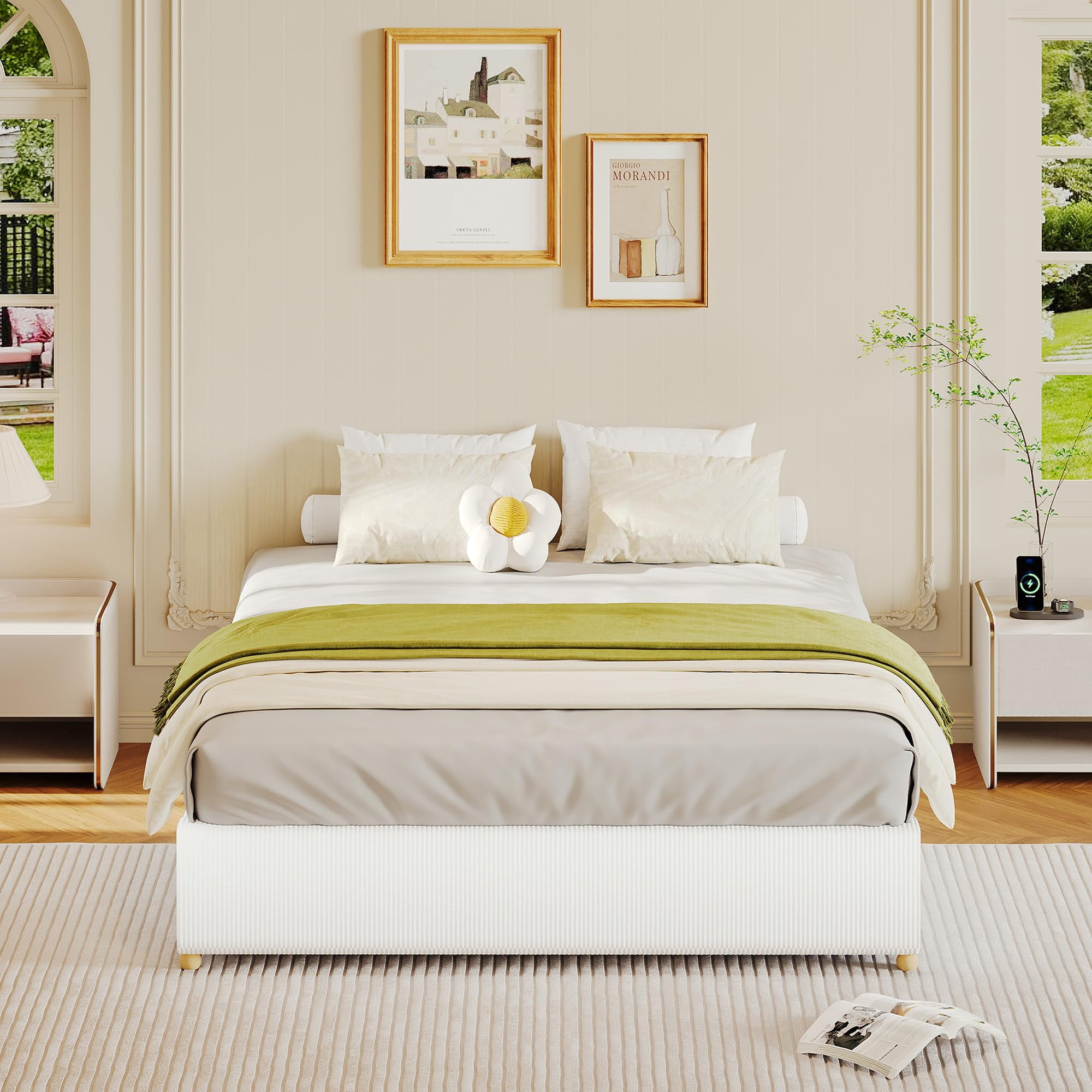 QUEEN Cloud Bed Frame. Teddy Fleece / Corduroy Upholstered Platform Bed with  Wood Legs, No Box Spring, Easy Assembly