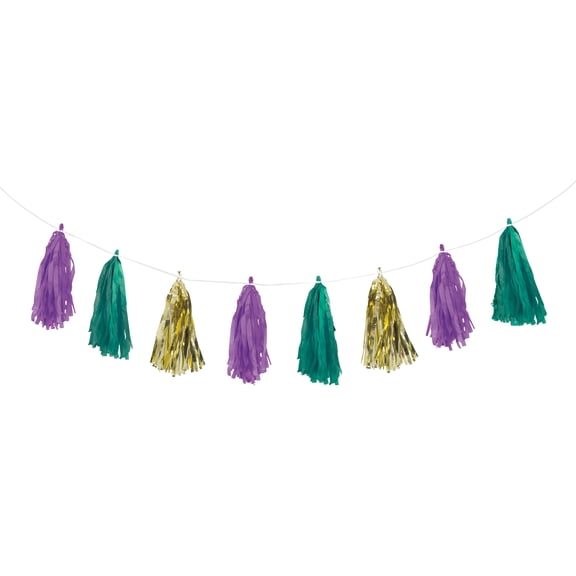 Gold, Green, & Purple Mardi Gras Tissue Paper Tassel Garland, 9ft