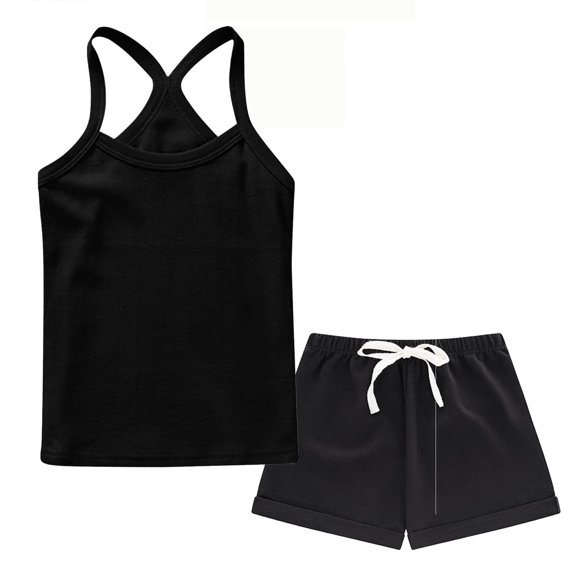 BCSIOAOI Toddler 2 Piece Outfit for Girls,Cotton Solid Cami Top and Drawstring Shorts Set Black 2-3t
