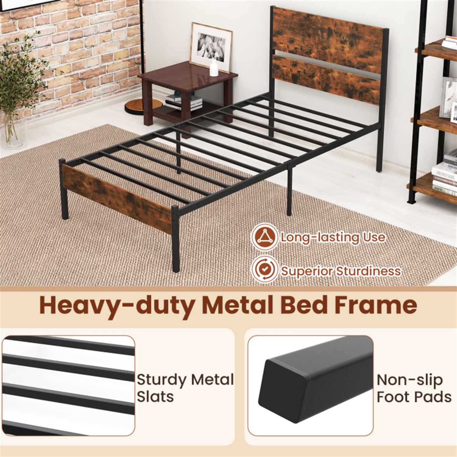 Demi Bonn Twin Size Bed Frame with Wooden Headboard and Footboard, Modern Metal Platform Bed Frame with Under Bed Storage, No Box Spring Needed, Brown
