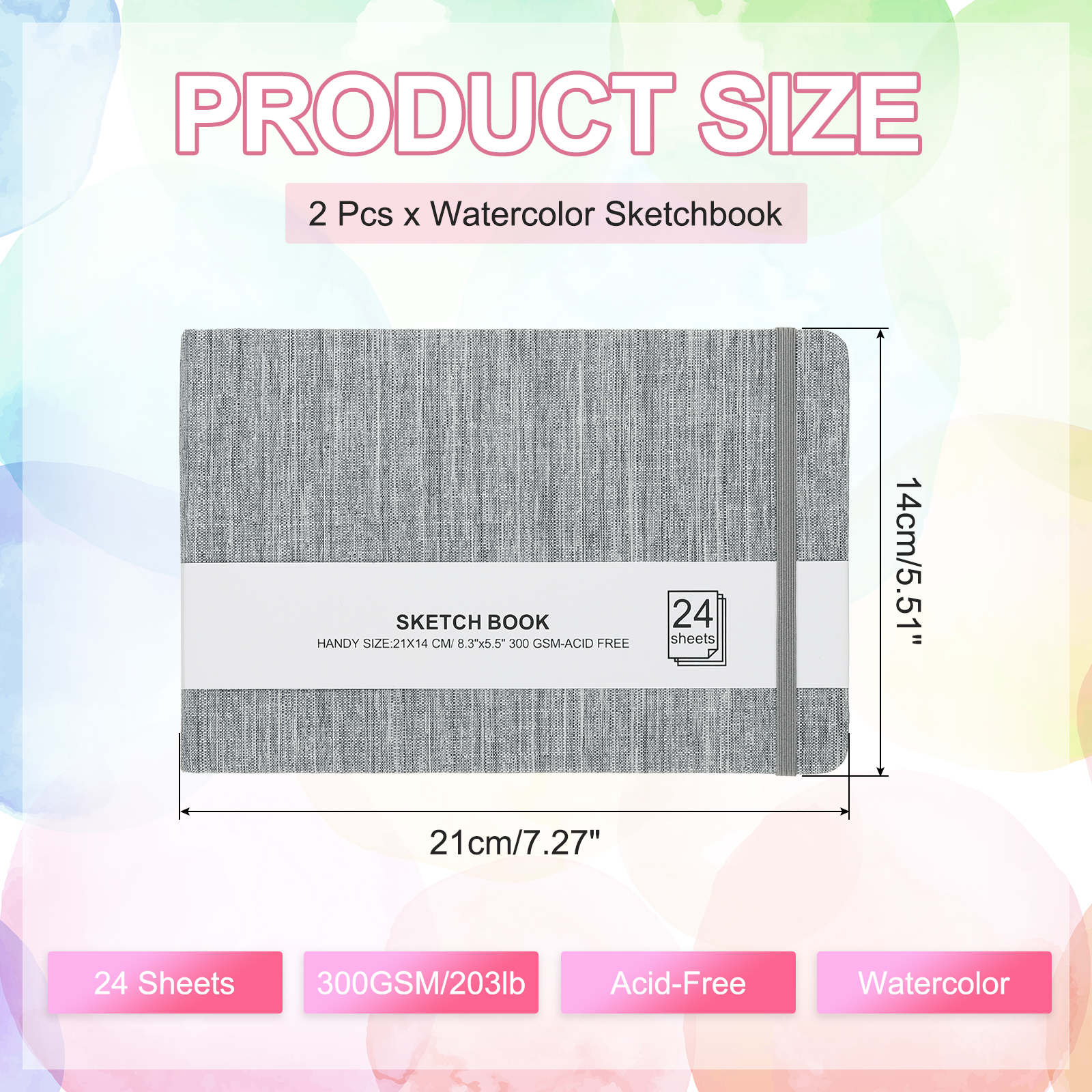 Uxcell 8.3x5.5" Square Watercolor Sketchbook, 2Pcs 24 Sheet 300gsm/140lb, Dark Gray