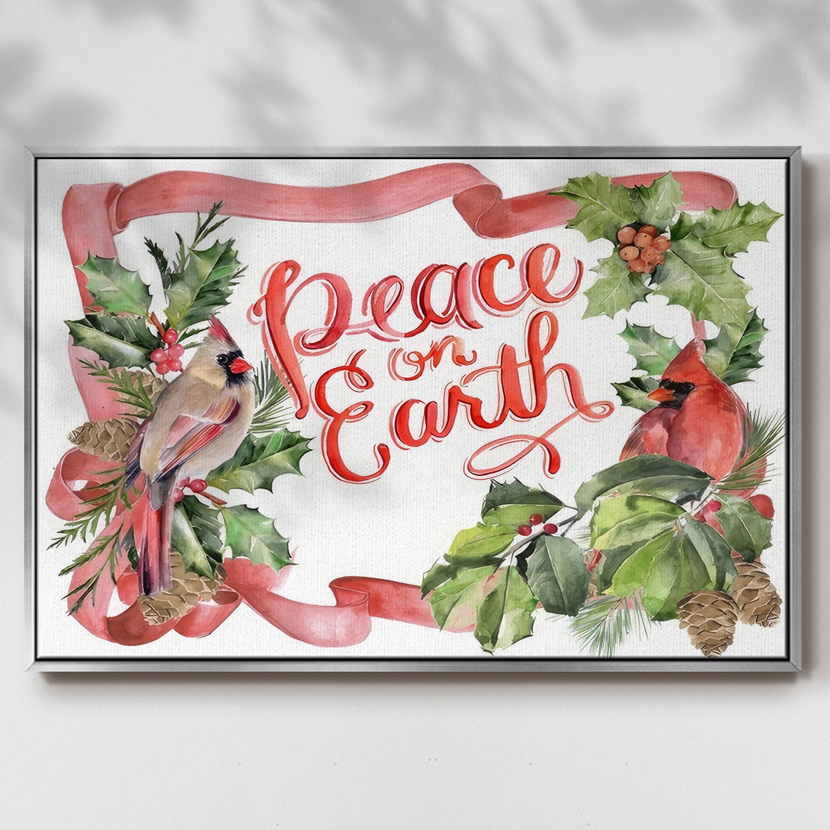 Cardinal Holly Christmas Collection A - Framed Gallery Wrapped Holiday Canvas - 25 x 37 - Silver Frame