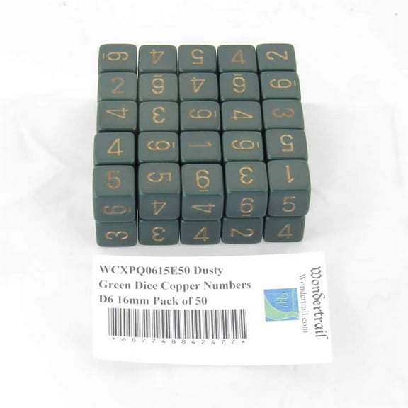 Dusty Green Opaque Dice with Copper Numbers D6 Aprox 16mm (5/8in) Pack of 50 Wondertrail