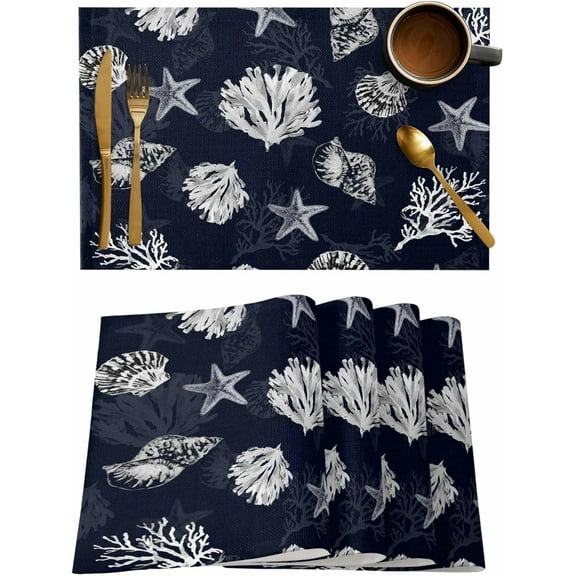 Abstract Coral Placemats Set of 6,Washable Woven Burlap Cloth Fabric Placemat for Square/Rectangle/Round/Oval Dining Table,Easy Clean Place Mats for Kids Minimalist Geometric Starfish Conch Navy
