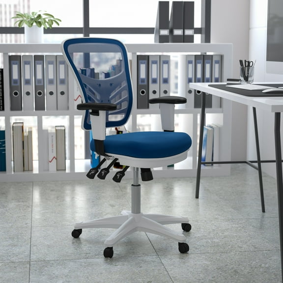 Flash Furniture Mid-Back Blue Mesh Multifunction Executive Swivel Ergonomic Office Chair with Adjustable Arms and White Frame