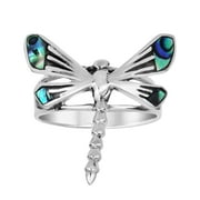 Whimsical Dragonfly Abalone Inlay Wings .925 Sterling Silver Ring - 10