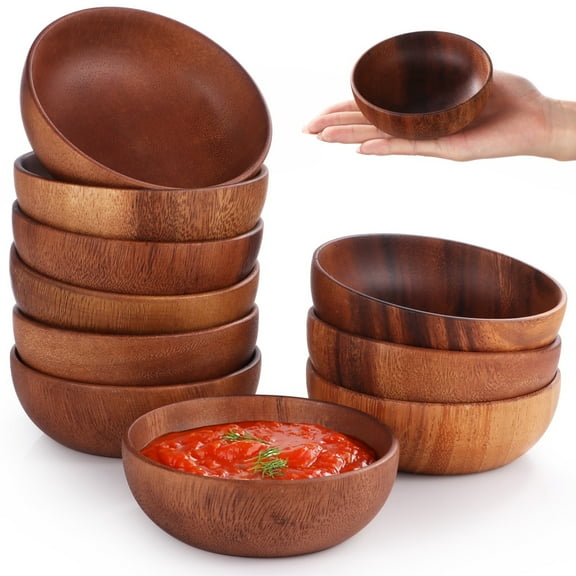 10Pcs Acacia Wooden Bowls, Small Round Calabash Bowls, Hand Carved Salad Bowls, Dip Serving Trays, Appetizer Serving Bowls for Condiments, Cereals, Nuts, Candies(3.94×1.38")