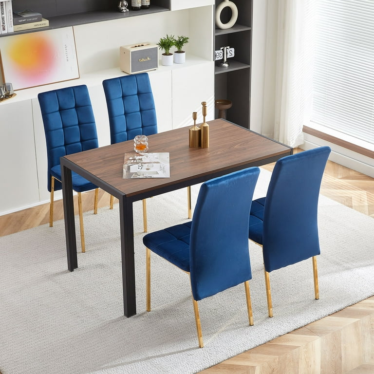 Dark Blue Velvet High Back Nordic Dining Chair Modern Fabric Chair with Golden Color Legs Set Of 4