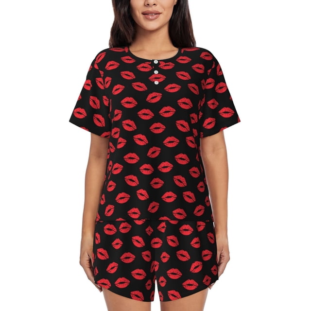 Fotbe Sexy Red Lips Kiss Conjunto de Pijama Estampado para Mujer, 2 Piezas, Ropa de Dormir con Camiseta de Manga Corta y Shorts Suaves-3X-Large