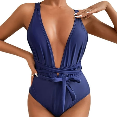 sonwsong One Piece Swimsuit Women Swimsuit Sexy Hollow Strap Spa Swimsuit Beach Swimsuit Bikini Beach Surf Wetsuit Swim Suits for Women 2024 Plus Size Swimsuit (Clearance) Blue XL