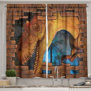 Ambesonne Dinosaur Kitchen Curtains, Dino Breaks Brick Wall, 55"x39", Orange Blue
