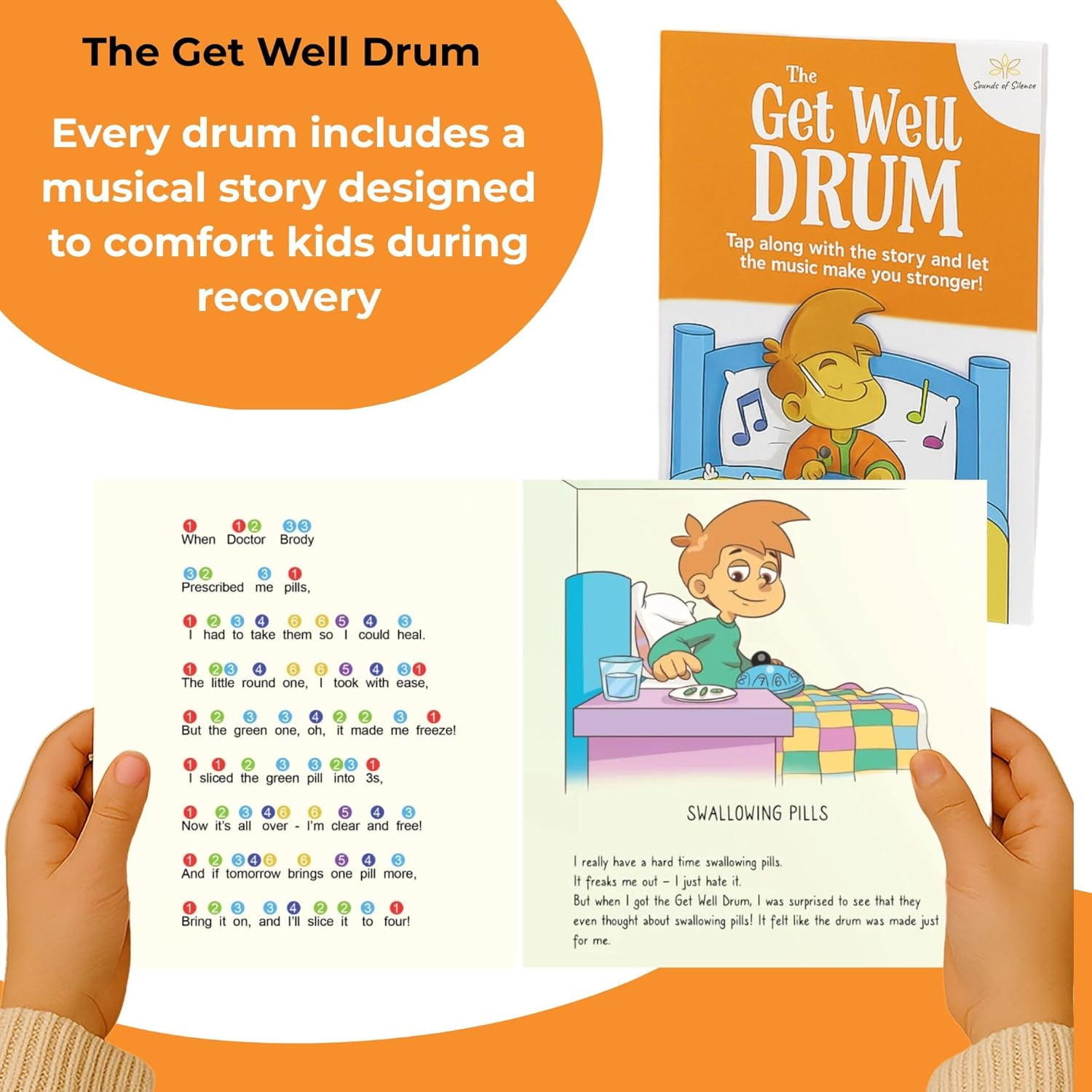 Sounds of Silence Steel Tongue Drum for Kids, Get Well Musical Gift Set with Storybook and Songbook, 6 inch, 8 notes