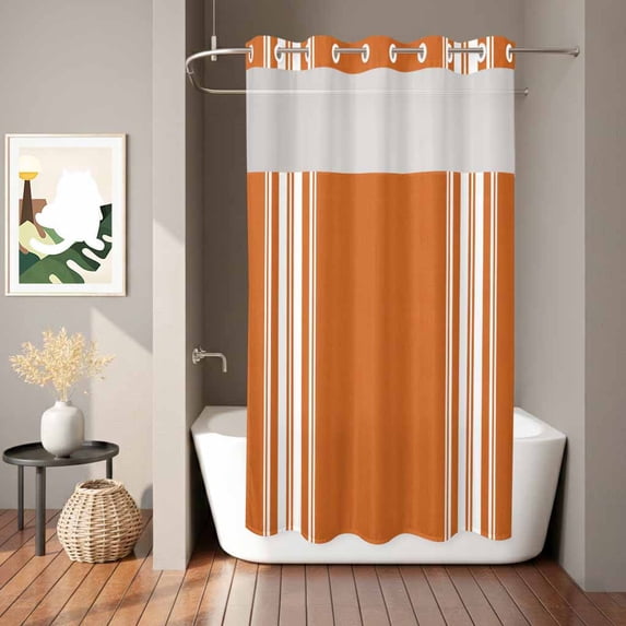 No Hook Shower Curtain, Orange Striped Shower Curtains for Bathroom with See Through Top Window, Farmhouse Orange White Stripes Aesthetics Waterproof & Washable Bath Curtain Stand Up Stall 36"x72"