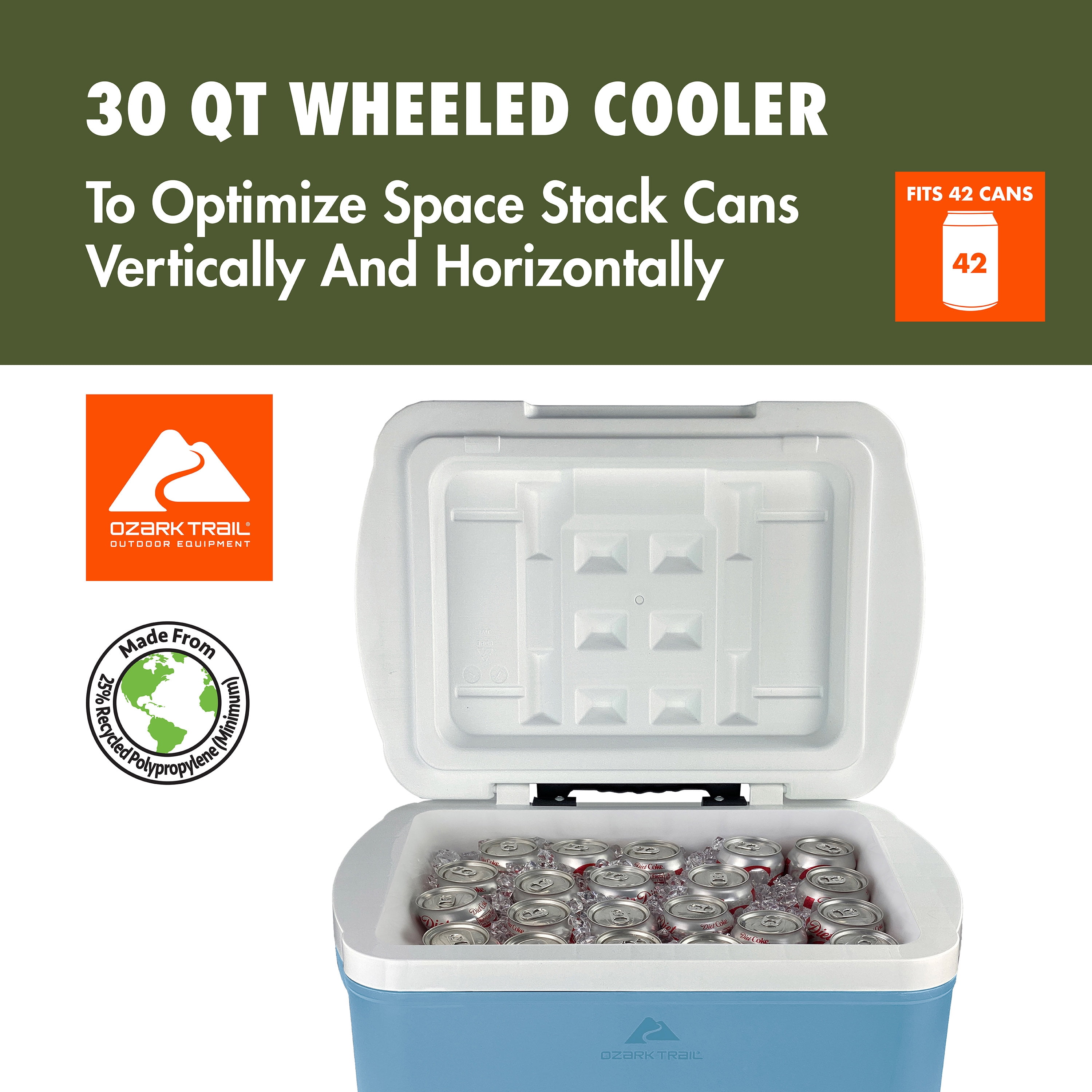 Ozark Trail 30 Quart Capacity Hard Side Wheeled Cooler, 42-Can, Sky Blue