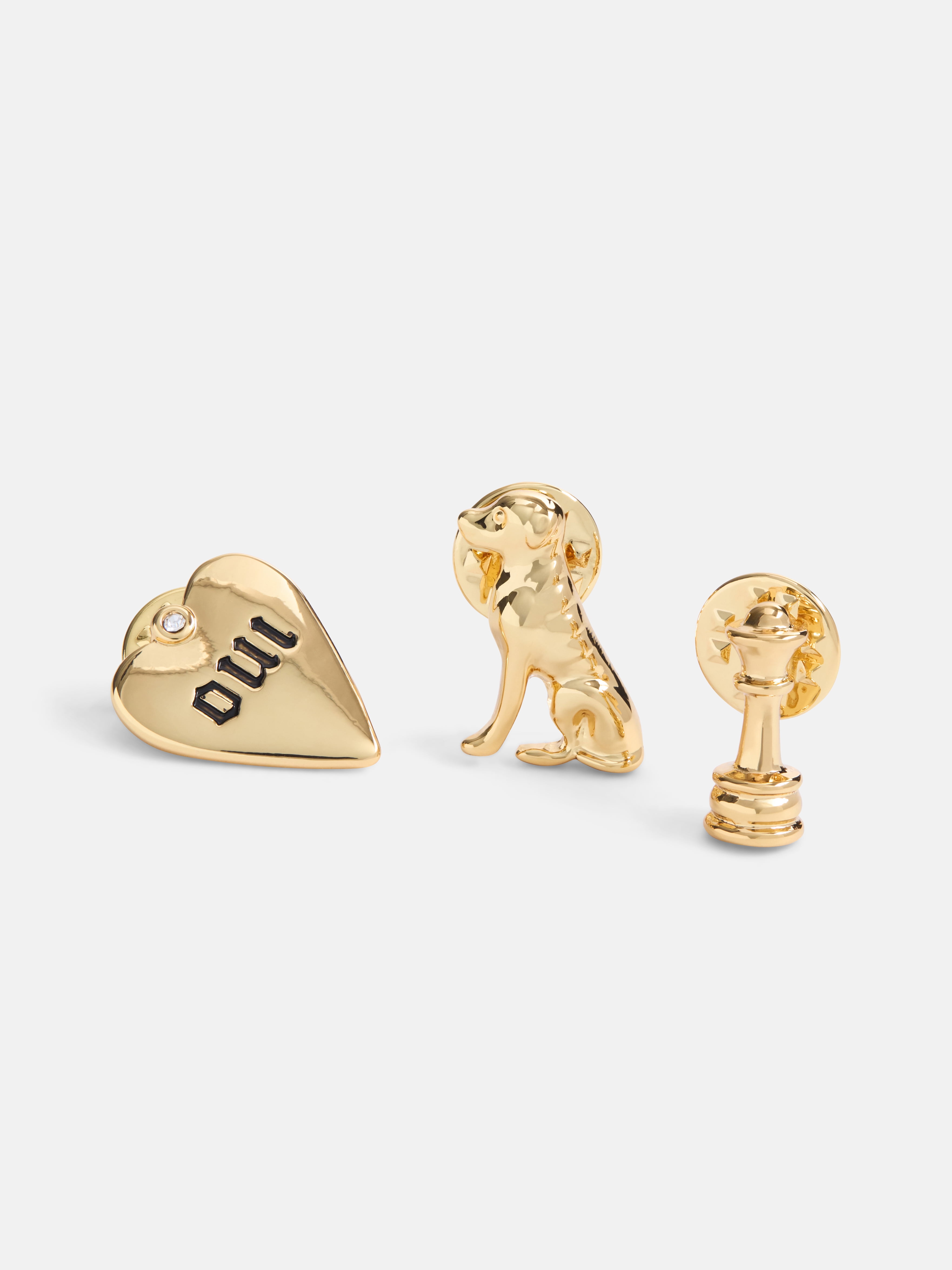 Free Assembly Women's Dog, Heart and Chess Piece Pin Set with Cubic Zirconia, 3-Piece