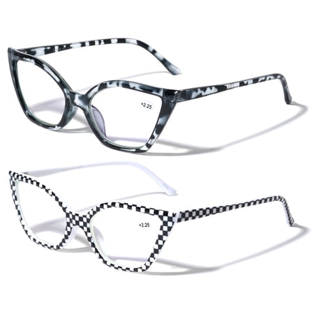 2 Pairs Women Pointed Tip Cat Eye Anti-Blue Reading Glasses - Clear Lens UV Protection Computer Readers +2.50