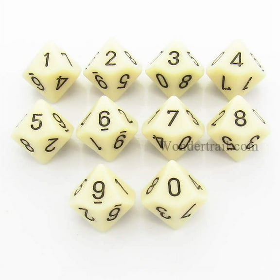 Ivory Opaque Dice D10 with Black Numbers 16mm (5/8in) Pack of 10 Chessex