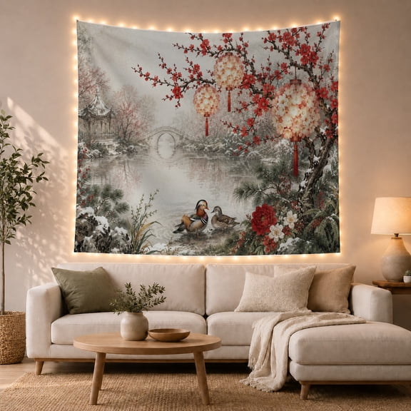 Floral Garden Poetic with Traditional East Asian Pair, Mystical Fantasy for Space Lovers, Galaxy Room Decor, Christmas Gift, Tapestry Wall Hanging for Bedroom and Dorm