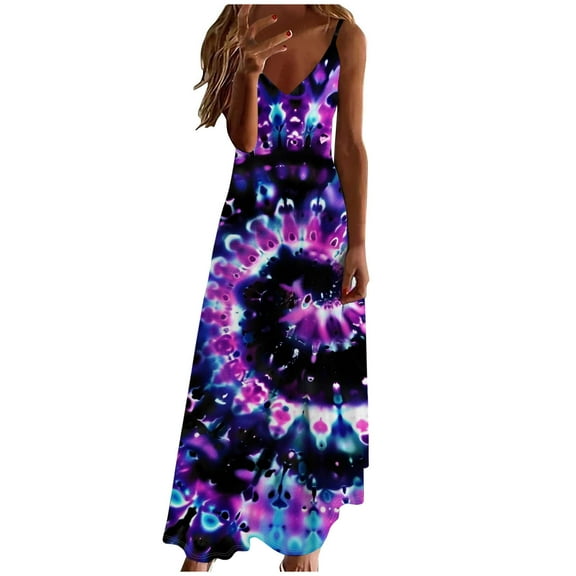 STETMN Summer Maxi Dresses for Women Beach Sleeveless Tie Dye Loose Long Travel Vacation Dress