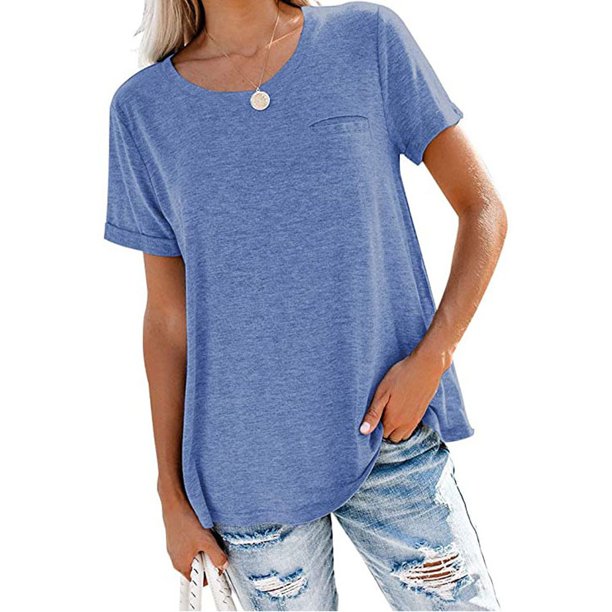Pntutb Moda Mujer Camiseta de manga corta suelta Cuello redondo Color sólido tops Pntutb Pntutb-3983