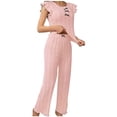 thumbnail image 3 of RongHuan Womens Pajama Set Eyelet Lace Ruffle Sleeve Top and Long Pants 2 Piece Cute Solid Color Sleepwear with Bowknot, 3 of 8