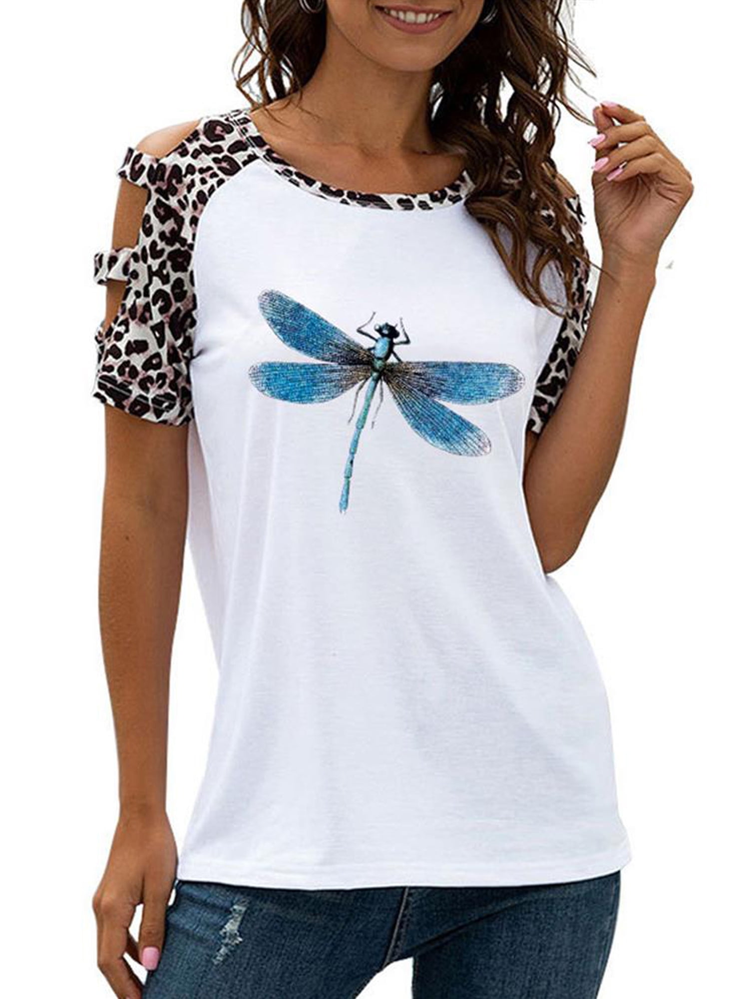 Womens Dragonfly Print 3/4 Sleeve Crew Neck Top Tshirt