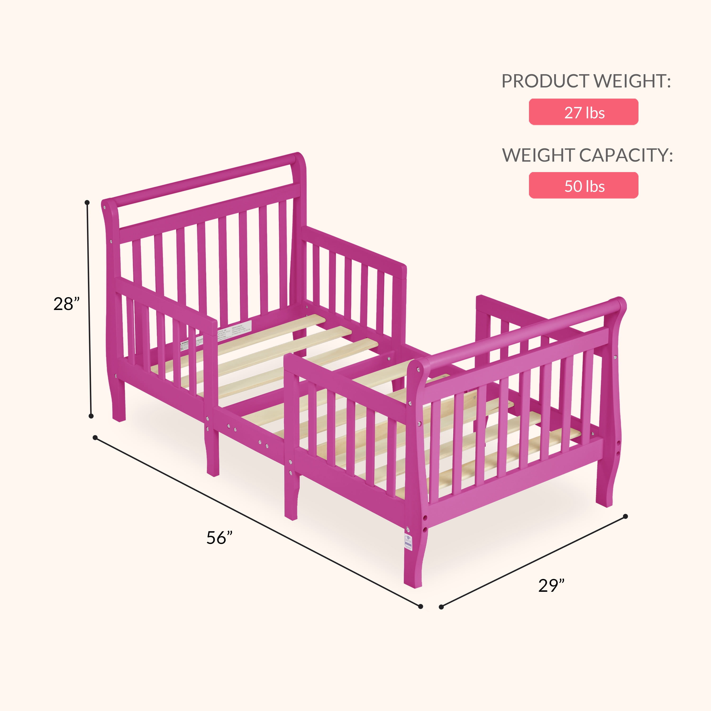 Dream On Me Emma 3-in-1 Convertible Toddler Bed, Fuchsia Pink