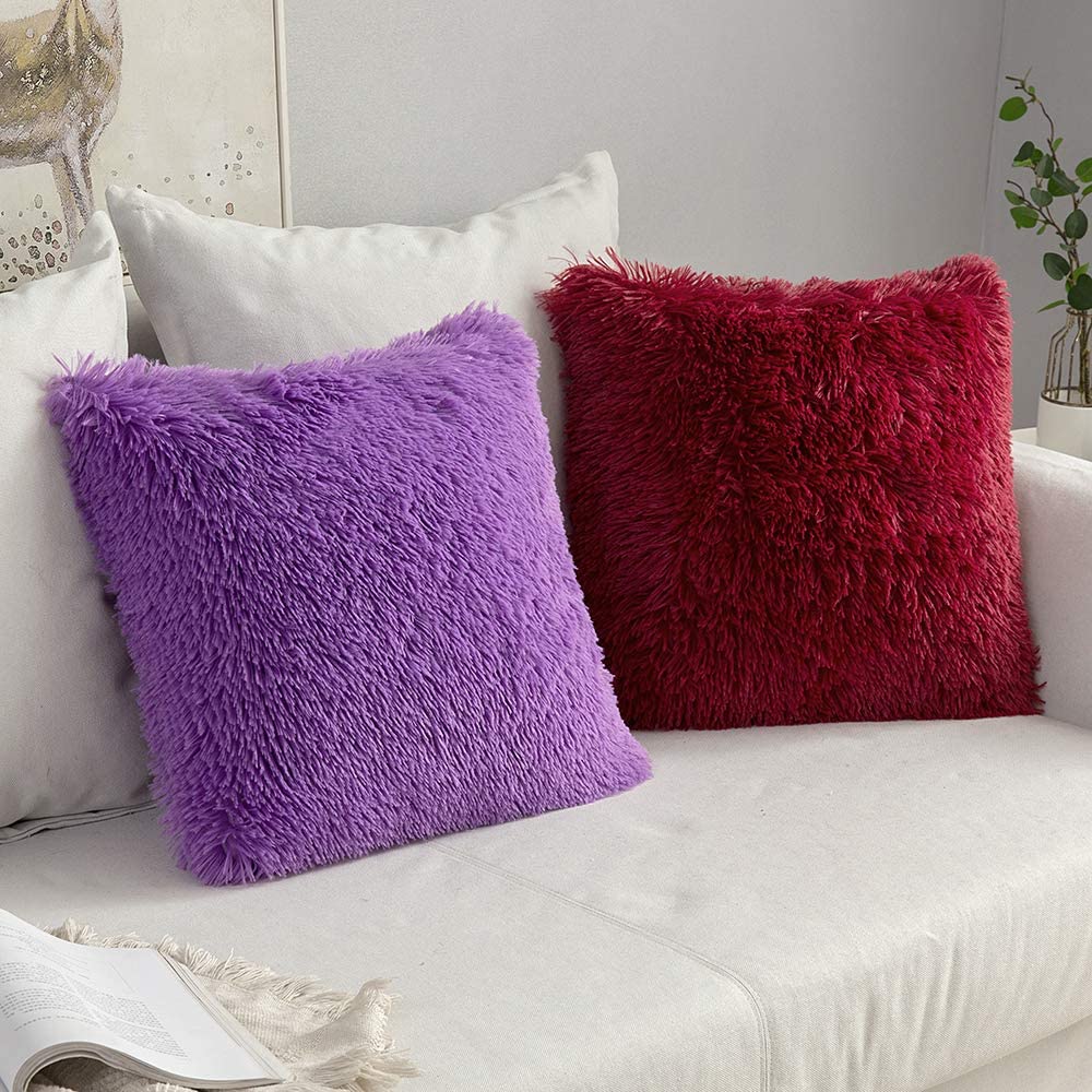 MIULEE Pack of 2 Luxury Faux Fur Throw Pillow Cover Deluxe Winter Decorative Plush Pillow Case Cushion Cover Shell for Sofa Bedroom Car 18 x 18 Inch Purple Walmart