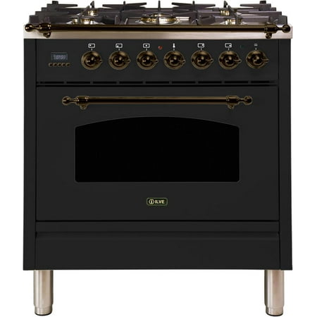 Ilve UPN76DMPNY Nostalgie Series 30 Inch Dual Fuel Convection Freestanding Range  5 Sealed Brass Burners  3 cu.ft. Total Oven Capacity in Glossy Black  Bronze Trim (Natural Gas)