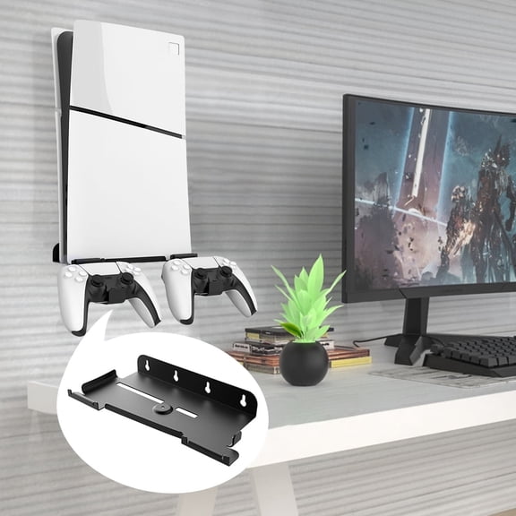 Wall Mount Bracket Vertical Stand with 2 Controller Mounts Display Stand Base for PS5 Slim Digital Edition and Disc Edition