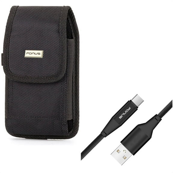Rugged Canvas Case Vertical Belt Holster w Durable Cotton Braided 6ft Long Type-C USB Cable Wire Sync R1R for Acer Liquid Jade Primo - Alcatel 7, Idol 4S - ASUS ROG Phone, ZenFone AR 6 5z 4