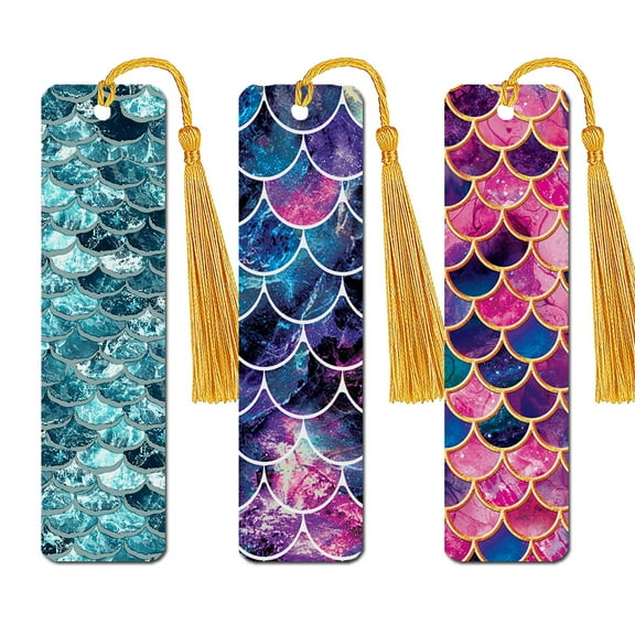 WIRESTER Set 3pcs Rectangle Metal Bookmarks With Light Gold Tassels for Book Lovers, Page Markers for Students Teachers Reading - Mermaid Scales Wave Set