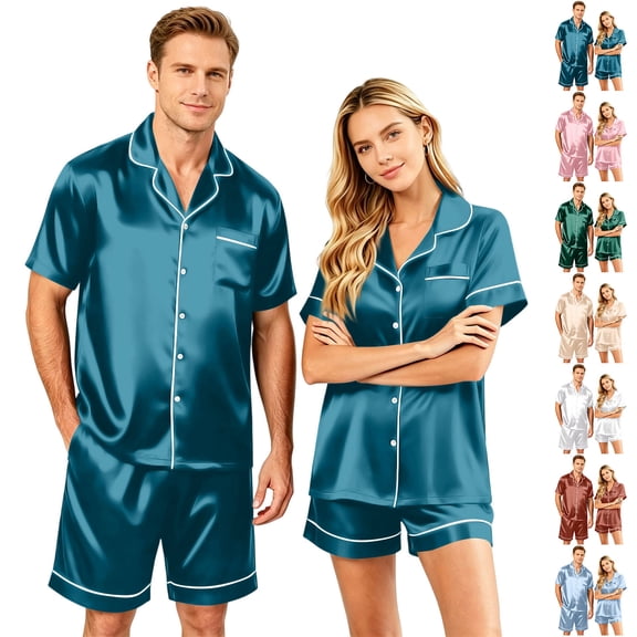 Garbnen Silk Couple Pajamas Matching Sets 2 Piece Short Sleeve Button Down Sleepwear Pjs Shorts Set with Pockets Mens Loungewear Pajama Sets Beige XXXL