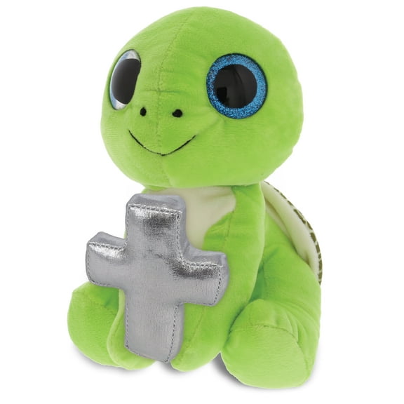 DolliBu Large Green Sea Turtle Stuffed Animal with Silver Cross Plush - Baby Baptism Gifts for Boys and Girls, Baby Dedication Christening Gifts Plush Prayer Toy Healing Teddy Bear - 6 Inches