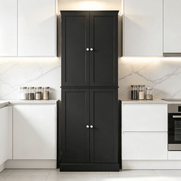 65" Kitchen Pantry Cabinet, 4-Door with 16 Shelves, Black