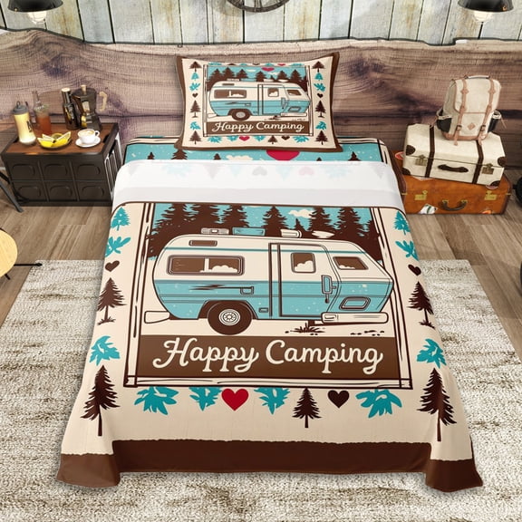 Erosebridal Happy Camping Twin Sheet Sets 3pcs for Kids Teens,Adventure Theme Bedding for Boys Girls,Lightweight Room Decor