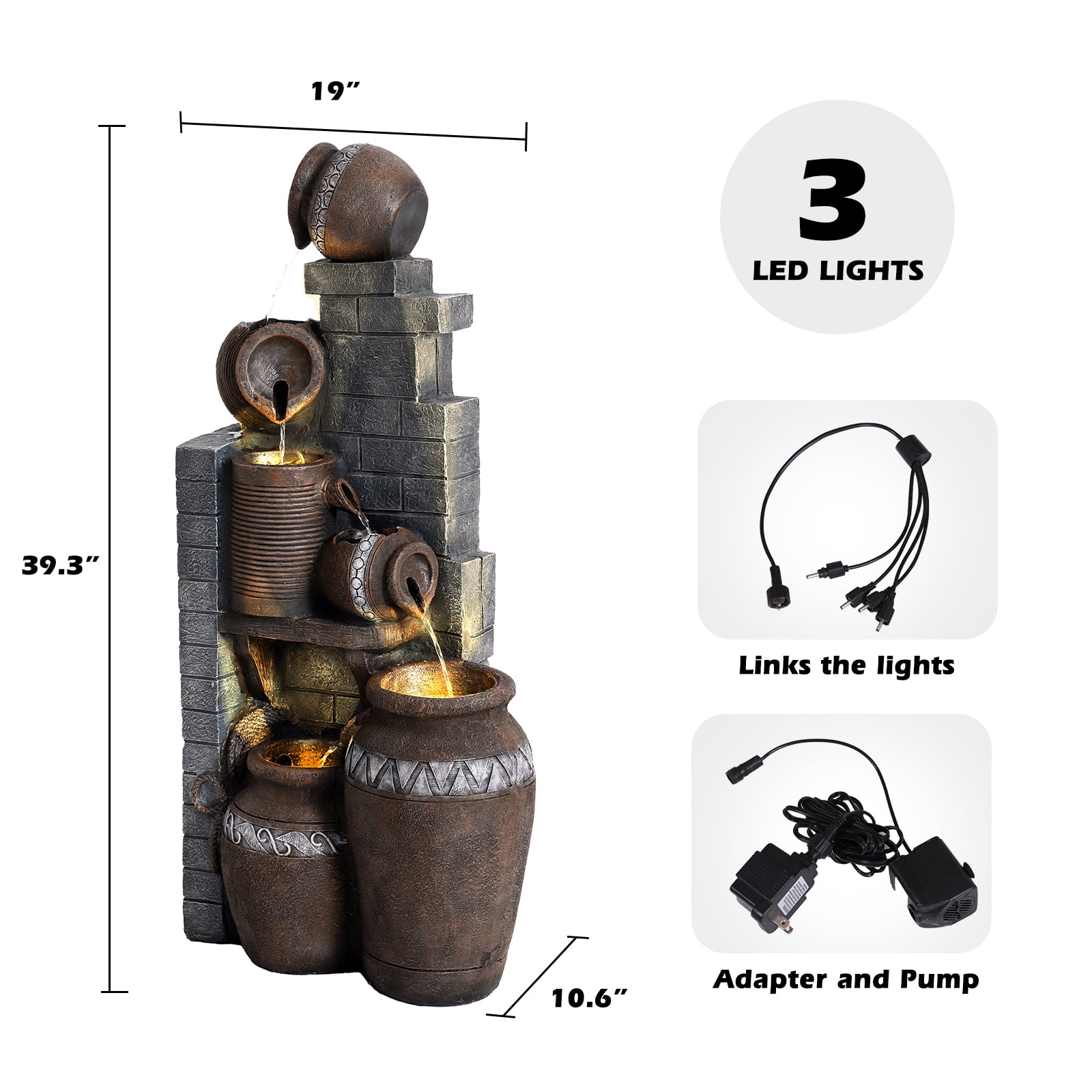 Magic Union 39.3" Tall Outdoor Water Fountain Garden Waterfalls Fountain with LED Lights 6 Tier Modern Indoor/Outdoor Floor Standing Water Fountain with Pump for Garden, Patio, House Decor,Gray