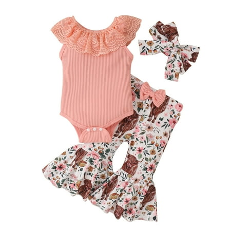 

Rovga Outfits For Girls Sleeveless Ribbed Lace Romper Bodysuit Bowknot Cartoon Prints Bell Bottoms Pants Headbands Outfits For 6-9 Months