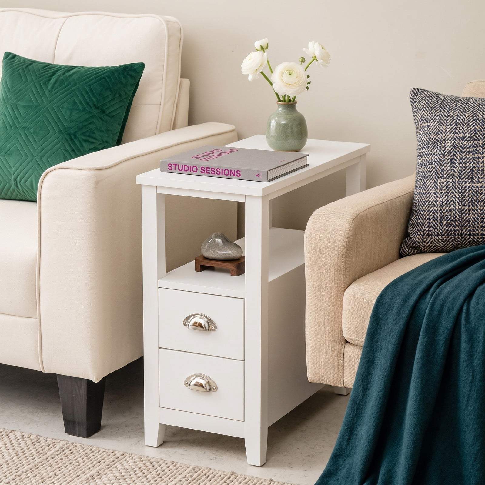 Furnibear Set of 2 Wooden Bedside Nightstands with 2 Drawers and Open Shelf for Bedroom Living Room and Guest Room, White