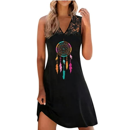

Juebong Women s Summer Fashion Casual Sleeveless Printed Beach Lace Vest Dresses